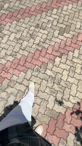 The video begins with a close-up shot of a person walking on a paved walkway made of interlocking bricks in shades of pink and grey. The camera then pans upwards and to the right, revealing a light green building with a grey roof, surrounded by trees and a clear blue sky. The building has multiple windows and a sign above the entrance. The sun is visible in the upper right corner of the frame, casting a shadow of the building and trees onto the walkway. The camera continues to pan upwards, showing more of the bright blue sky.