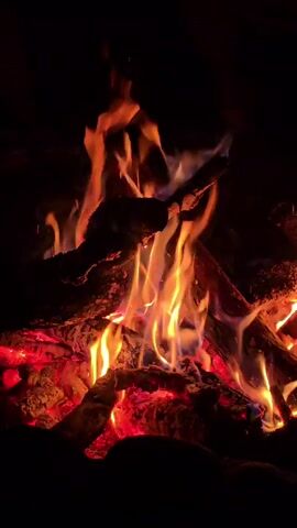 This video shows a close-up view of a campfire. Logs are burning, with flames and embers visible against a dark background. Sparks intermittently fly upwards. The scene appears to be outdoors, likely at night given the darkness.