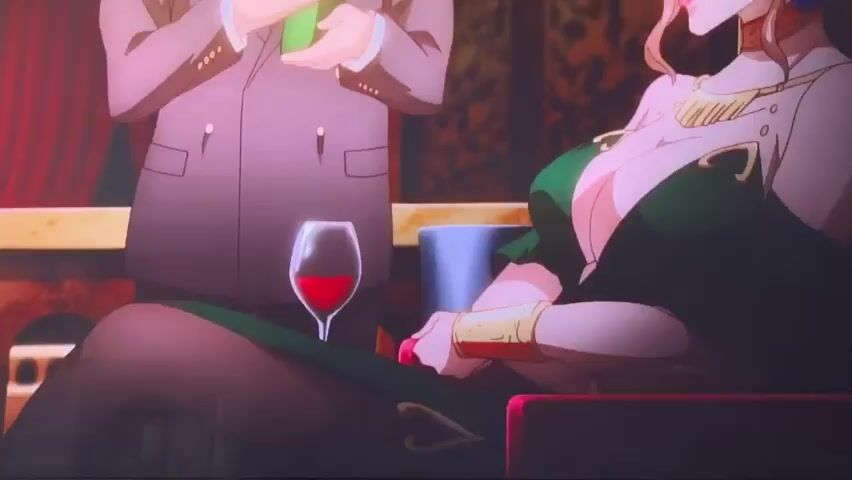 The media file displays a scene from an anime, featuring two characters in what appears to be an indoor, opulent setting.

In the foreground, a woman in a revealing emerald green dress is seated. She has fair skin, and is adorned with golden jewelry on her neck and wrist. Her hair is a reddish-blonde color. Beside her, a wine glass filled with red liquid is visible.

In the background, a man in a light-colored suit is standing. His hands are clasped, and he appears to be holding a green object.

The second part of the media focuses on a close-up of an older man's face, also in an anime style. He has grey hair, thick grey eyebrows, and a mustache. His expression is a smirk, with his mouth slightly open, revealing teeth and his tongue. His eyes are a light green color, and there are visible wrinkles around his eyes and on his forehead, suggesting he is middle-aged or older. He is wearing a white shirt and a dark suit.

The overall atmosphere seems to be formal or luxurious, possibly a private event or a meeting in a dimly lit, richly decorated space. The focus on the characters' expressions and attire suggests a narrative with interpersonal dynamics or a significant plot point occurring. There is no visible text in the media. The location context of Vozrozhdeniye, Russia, does not provide any direct visual cues within the provided frames.