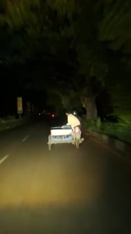 A night-time shot from a vehicle follows a man driving a motorcycle with a sidecar attached. The motorcycle is on the right side of a two-lane road, traveling away from the camera. The man is wearing a light-colored long-sleeved shirt and a dark cap. The sidecar has a cage-like structure with some blue material inside. The road is dimly lit by the following vehicle's headlights, and the surrounding environment is dark with trees lining the sides of the road. There are no other vehicles immediately visible.