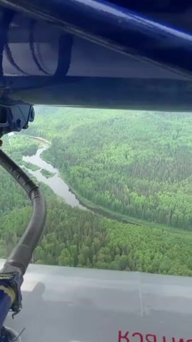 The video provides an aerial view from an aircraft flying over a vast, dense forest with a winding river. The scene is dominated by lush green trees, suggesting a temperate or boreal forest environment. A dark, serpentine river cuts through the verdant landscape, its banks lined with trees. The perspective is from inside the aircraft, with parts of the plane's structure visible in the foreground: a blue metallic bar across the top and a white surface with a black tube-like object in the lower left, along with some red, partially obscured Cyrillic text, possibly "КСЯ ИН", on the white surface. The sky is not visible, but the lighting suggests it is daytime, possibly overcast or hazy, giving the distant view a muted appearance. The aircraft appears to be making a slight turn to the right, revealing more of the river's meandering path. The location is Ust'-Koiva, Russia, characterized by its extensive forests and rivers.