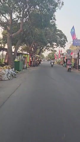 The video shows a street scene with several food stalls lining the side of the road. A few people are visible, some riding motorcycles and others standing near the stalls. There are trees along the street, and flags are displayed on poles. The time of day appears to be late afternoon or early evening, given the lighting. Some of the stalls have colorful signage and products displayed. The overall impression is that of a local market or roadside food vendors.