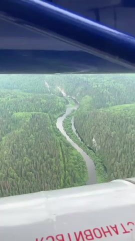 An aerial view from inside an aircraft showcases a winding river carving its path through a dense, expansive green forest. The river, with its dark, reflective surface, meanders through the verdant landscape, flanked by towering trees. In some sections, light-colored rock formations or cliffs are visible along the riverbanks, contrasting with the surrounding foliage. The top of the frame is occupied by a blue structural element of the aircraft, possibly a wing or strut, while the bottom reveals a white interior panel with partially visible, inverted red Cyrillic text. The scene depicts a serene and untouched natural environment, likely captured during a flight over the region of Gornozavodsk, Russia, under what appears to be an overcast or hazy sky.