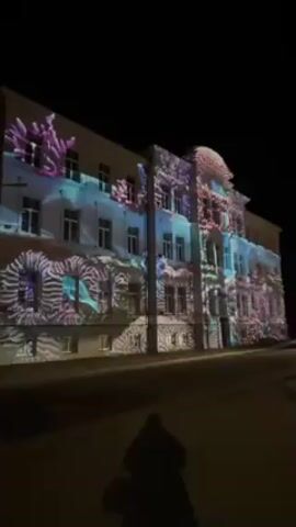 The video shows a building illuminated with a light show at night. The building is a light beige color and has multiple windows. The light show projects various colorful images, including what appears to be coral, fish, and other abstract shapes, onto the building's facade. The lighting changes and moves. A road is in front of the building, and a shadow of a person can be seen walking across it, facing the camera. A few vehicles pass by on the road. The sky is dark.