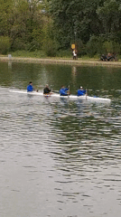 Four rowers paddle white boat in Plovdiv waterway