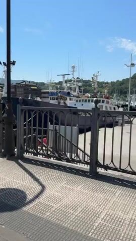 The video shows a bright, sunny day with a clear blue sky. In the foreground, a grey metal railing borders a textured walkway. A dark lamppost stands near the center of the frame. Behind the railing, several large boats are docked in a harbor. One boat in the background has a white superstructure with several antennas and lights. Another larger boat in the mid-ground is dark-colored. As the video progresses, two people walk into view from the right side of the screen. The person in front is an older man wearing a blue polo shirt, blue jeans, and a baseball cap. He walks with a slight limp. Behind him, a woman wearing a white t-shirt, dark leggings, and sunglasses walks towards the camera. The background features a lush green hillside.