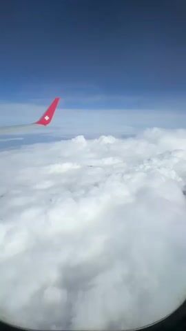 The video shows a view from an airplane window above a thick layer of white clouds. A portion of the plane's wing is visible, featuring a red tip with a white star-like logo. The sky above the clouds is a clear, deep blue, with a very thin layer of clouds barely visible in the horizon. The airplane window is visible around the edges of the frame, and a window shade is partially visible at the top.