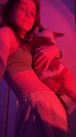 Woman photographed with corgi in colorfully lit Moscow apartment