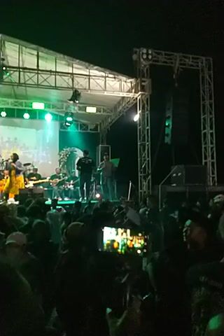 Here is a concise description of the video:

The video shows a band performing on a stage at night. The stage is equipped with a metal truss structure for lighting and sound equipment. There's a screen behind the band displaying visuals. The lead singer is wearing a plaid shirt and sunglasses and is engaging with the crowd. Many people are in the audience, some of whom are holding up their phones to record the performance. The lighting on stage changes colors, adding to the atmosphere of the event.