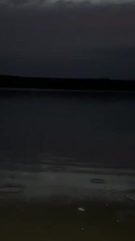 A low-angle shot shows a dark body of water under a cloudy sky. The water's surface is calm, with faint ripples visible. A dark, horizontal line of trees can be seen in the distance, silhouetted against the sky. The foreground is a dark, sandy beach, with a few small, bright specks that could be pebbles or debris. The lighting suggests it is either dusk or dawn. There are no people or discernible objects in the water or on the beach.