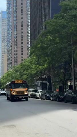 A bright yellow school bus drives down a city street lined with tall buildings and lush green trees. The bus is the primary subject, with "SCHOOL BUS" clearly visible on its front. The side of the bus displays "GRAND PRAIRIE TRANSIT." Several cars are parked along the street and a few are driving in the opposite direction. The scene appears to be a sunny day in a bustling urban environment, possibly Chicago given the location context. The tall, modern buildings suggest a downtown or business district area. There are no people clearly visible inside the bus or walking on the street, but the presence of the school bus indicates a potential for student activity or transportation. The overall mood is neutral, focusing on the mundane movement of city life.