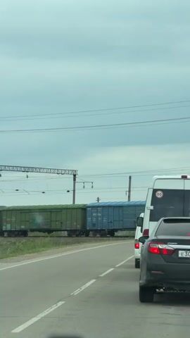 From the interior of a car, the camera captures a static, low-angle shot of a train traveling parallel to a road. The train consists of various colored cargo cars: green, red, and blue. Overhead power lines run parallel to the train tracks, supported by utility poles. A small, budding tree is visible beside the road. On the road, a row of cars is seen in the right side of the frame. The sky is overcast, adding to the flat, neutral tone of the scene.
