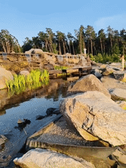 Families enjoy afternoon at landscaped park with waterfalls
