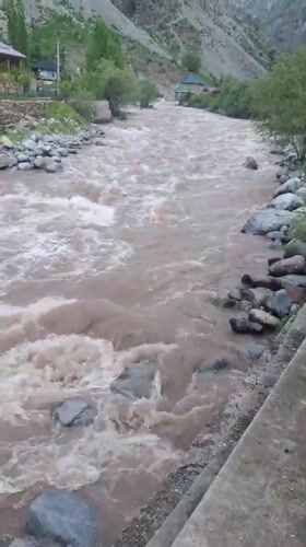 Swollen muddy river flows rapidly through Tajikistan mountains