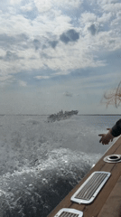 Boat speeds across water near Sirmione, Italy