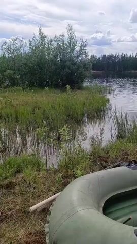 The video shows an inflatable boat on the shore of a body of water. The boat is green and appears to be deflated. The water is calm and reflects the sky, which is cloudy. There are trees and vegetation on the opposite bank of the water. In the distance, there are a few people in the water, appearing to be swimming or playing. The overall scene suggests a recreational setting in a natural environment.
