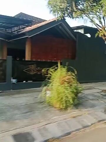 This is a video taken from a moving vehicle showing a street scene. The video begins with a tree in the foreground and a dark-colored building with a red-brick section in the background. As the vehicle moves, the scene changes to show a storefront with a rolled-down metal shutter, and a pile of coconuts. Further along, another building with metal shutters is visible. Then, a building with white and blue detailing on the exterior appears, followed by a driveway leading to a building with a white facade and blue trim. The street appears to be paved with concrete slabs. The time stamps indicate the video is approximately five seconds long.