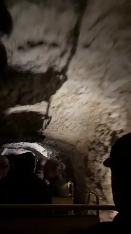 A low-angle shot shows people riding in a vehicle through a cave. The vehicle is a yellow train-like car with seats and railings. There are several people in the car, seen from behind or from their left side. Most are wearing dark clothing and some have glasses. The cave walls and ceiling are illuminated by artificial light, revealing a rough, uneven surface with varying shades of brown, white, and gray rock. The vehicle appears to be moving, as the cave walls above are slightly blurred.