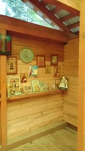 The video shows a wall made of wood planks, decorated with numerous religious icons and framed pictures. The items are arranged in a somewhat haphazard manner, with some appearing older than others. The lighting is natural, suggesting an outdoor or semi-outdoor setting, possibly a porch or covered patio, given the presence of trees visible in the background. The camera is tilted upwards, looking at the wall. There are no people visible in the video.