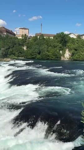 This media file captures a dynamic view of the Rhine Falls near Dachsen, Switzerland. The scene is dominated by the powerful cascade of water, with large volumes of white, churning rapids flowing over dark, submerged rocks. The water's surface is a mix of deep blue and frothy white, indicating the force and volume of the falls.

In the background, a lush green forested hillside rises, topped by buildings. These structures appear to be a mix of residential buildings and possibly some industrial or commercial establishments. One building has a Swiss flag flying, confirming the location. The sky is a clear blue with scattered white clouds, suggesting fair weather and likely daytime. A train is visible on tracks along the hillside in the distance.

While no people are clearly discernible within the water itself, the presence of buildings and infrastructure hints at human activity and habitation in the vicinity of the natural spectacle. The overall impression is one of natural power and grandeur, set against a backdrop of civilization. The time of day is clearly daylight, with bright sunshine illuminating the scene. The emotion conveyed is one of awe at the natural beauty and force of the Rhine Falls. There is no visible text within the video itself.