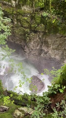 A high-angle, full shot captures a powerful, turbulent river cascading through a narrow, rocky gorge. Lush green foliage, including trees and vines covered in moss, frames the scene from the top and sides. Sunlight filters through the dense greenery, illuminating the mist rising from the churning white water. The water is a vibrant turquoise color where it's calmer, contrasting with the white foam of the rapids. Large rocks are visible within the gorge, some partially submerged in the fast-moving water. The texture of the moss-covered rocks and the rough, eroded surfaces of the gorge walls are evident, suggesting a natural, wild environment.