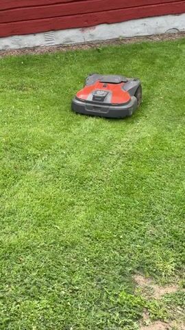 A red and gray robotic lawnmower is shown on a green lawn in front of a red building. The lawnmower is stationary. The building has a white foundation. The lawn is mostly grass with some clover. The video is from a stationary elevated perspective looking down.