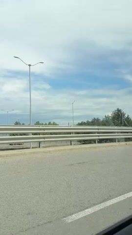 The video appears to be shot from inside a moving car. The view from the side window shows an asphalt road with some minor damage. On the other side of the road is a grassy area with various trees, including both deciduous and evergreen varieties. A metal guardrail separates the road from the grass. The sky above is partially cloudy with patches of blue. A couple of street lights are visible in the background. There are no people visible in the video.