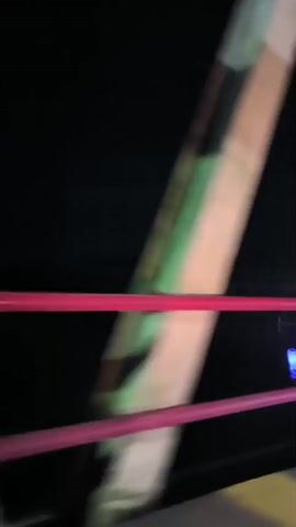 The video shows a view of a bridge at night, taken from a moving vehicle. The camera appears to be positioned near a pink railing along the bridge's edge. The bridge has white metal support structures. Through the railings, there is a view of water, and on or near the water, there is a structure adorned with blue lights. The bridge’s structures pass by quickly due to the vehicle's speed. The environment appears to be dark.