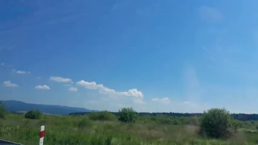 The video displays a wide-angle view of a rural landscape under a clear blue sky with scattered white clouds. The foreground consists of green grass and bushes, with trees visible on the right side of the frame. In the distance, there are more trees forming a treeline, and a range of hills or mountains can be seen on the left horizon. The camera appears to be moving, possibly from a vehicle, as indicated by the slight motion blur and the perspective shift. There are no people or man-made objects clearly visible in the scene. The overall impression is one of a sunny day in a natural, undeveloped environment.
