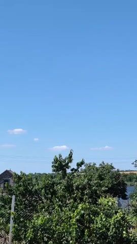 The video shows a rural landscape under a clear blue sky with scattered white clouds. In the foreground, there are lush green trees and bushes. In the middle ground, a dilapidated house with a dark roof and visible windows is partially obscured by the foliage. A turquoise fence runs across the middle of the frame. In the background, more trees and a utility pole with wires are visible. The overall scene suggests a summer day in a somewhat neglected rural area.