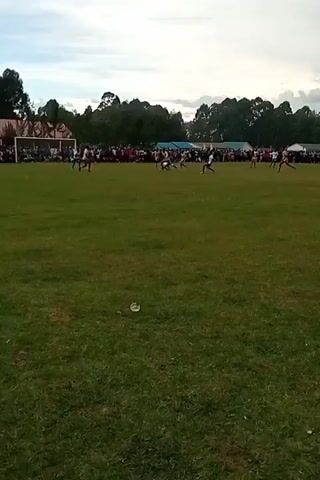 The video shows a soccer match being played on a grass field. The players, wearing different colored jerseys, are running and kicking the ball. A crowd of people is watching the game from the sidelines. There are trees in the background. There is also a water bottle on the grass. The sky is cloudy.