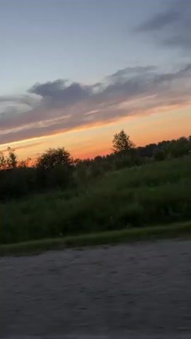 The video captures a view from a moving vehicle, looking out at a landscape during dusk. The sky is a gradient of soft blues and grays, transitioning to vibrant oranges and pinks near the horizon, indicating sunset. Wispy clouds streak across the sky, catching the warm hues of the setting sun.

In the foreground, a dirt or gravel road is visible, blurring due to the motion of the vehicle. Beyond the road lies a dense band of green vegetation, appearing as trees and bushes. Silhouetted against the colorful sky, a line of taller trees stretches across the middle ground, their dark forms contrasting with the illuminated sky behind them. The overall scene suggests a rural or natural setting in Maiskii, Russia. The time of day is clearly sunset, with the soft, warm light creating a peaceful and serene atmosphere. No people, objects, or text are explicitly visible in the frame.