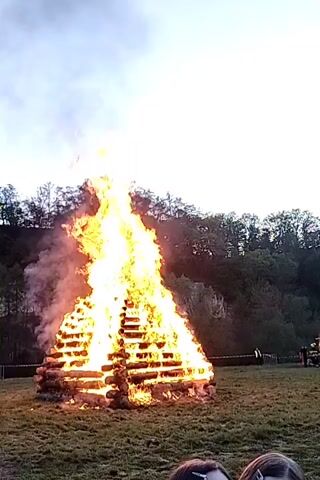 The video captures a large outdoor event centered around a massive bonfire in a grassy field. The bonfire is constructed in a pyramid shape from stacked logs, burning intensely with bright yellow and orange flames and emitting a significant amount of smoke into the clear, bright sky, suggesting it is early evening or dusk.

As the camera pans to the right, a red and white fire truck with several firefighters or emergency personnel is visible near the edge of the field, positioned behind a safety barrier, indicating professional oversight of the large fire. The pan continues, revealing a substantial crowd of people gathered to witness the event. Spectators are distributed across the field, with many looking towards the bonfire, some conversing, and a few individuals seen holding up mobile phones, possibly recording.

The background consists of a dense line of trees or a wooded hillside, forming a natural backdrop to the gathering. The overall scene suggests a planned public celebration or festival, characterized by the impressive bonfire and the large attendance. The atmosphere appears lively and engaged, with the fire being the clear focal point of the event. No visible text is present in the video.