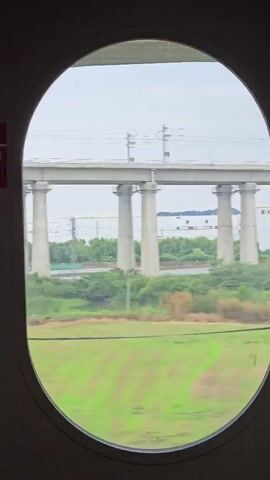 A view through an oval window of a moving train shows a blur of green trees and fields. In the distance, there are tall, concrete support structures for an elevated railway or highway, along with some power lines and buildings. The sky is overcast. The motion blur indicates the train is traveling at a significant speed.