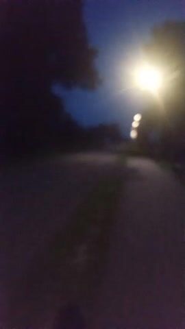 The video shows a dimly lit pathway at dusk or night. A bright streetlight is visible in the first frame, casting a glow on the surroundings. The pathway appears to be paved, and there are trees and grass on either side. As the video progresses, the camera pans, showing more of the pathway and the dark silhouette of trees against the twilight sky. There are a few more distant lights visible further down the path. The overall impression is of a quiet, deserted outdoor area.