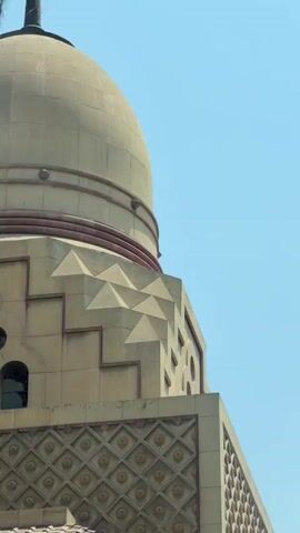 The video shows a close-up, medium shot of a building with an architectural style that appears to be Islamic, possibly a mosque, with a large dome and intricate decorative patterns. A palm tree and lush green foliage partially obscure the view of the building. The lighting suggests a sunny day. There are no people visible in the video. The video pans slightly upwards to reveal more of the building's facade, including arched windows and air conditioning units attached to the exterior. Arabic script is visible on the side of the building.