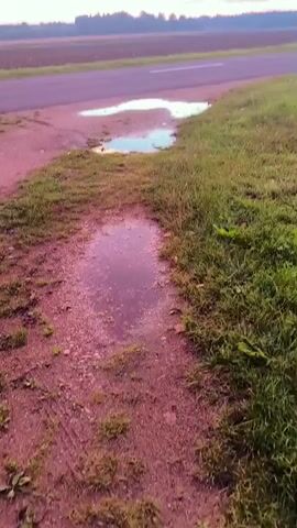 The video shows a sunset over a rural landscape. The foreground features a dirt path with puddles reflecting the sky, bordered by green grass. A paved road runs horizontally through the middle of the frame, with a dark field and a treeline in the background. The sky is a gradient of colors, from pale yellow and orange near the horizon to pink and purple clouds higher up. There are no people or vehicles visible in the video. The overall mood is serene and tranquil.