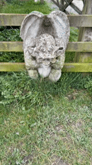 Weathered stone gargoyle spotted on wooden fence in Minsterley