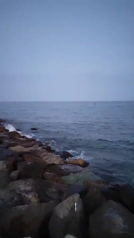 The video captures a close-up view of a rocky shoreline with the ocean in the background. The sky is a pale blue, transitioning to a darker blue near the horizon, suggesting it may be dusk or dawn. The waves are gently lapping against the rocks, creating a soothing visual. The rocks themselves are varied in size and color, with some appearing dark and wet from the sea spray. The overall impression is one of a tranquil and natural coastal scene.