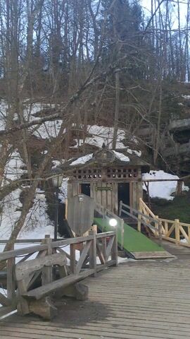 The video shows an outdoor scene, likely a park or tourist attraction in Vzglyadnevo, Russia, characterized by a large wooden deck in the foreground and elaborate multi-level wooden structures, possibly stairs or viewing platforms, built into a wooded hillside in the background. Patches of snow are visible on the ground beneath numerous bare-branched trees, indicating a cold season, likely late autumn, winter, or early spring. The sky is overcast.

Several people are present in the scene. In the opening, one person in a dark coat stands on the wooden deck. Later, another individual in a pink top is seen descending a wooden staircase in the mid-ground. Further into the video, two people appear on the deck: one wearing a long, dark coat and another in a patterned jacket, who is holding a phone as if taking a photo or viewing content. They are seen walking away from the camera. Other individuals are faintly visible on the distant wooden structures on the hillside. The overall activity suggests a leisurely visit, with people observing the surroundings.

Notable details include circular lights embedded in some of the wooden structures, and a red and black trash bin next to a wooden railing. There is no visible text in the video.