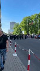 Military band performs street celebration in Riga, Latvia