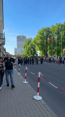 Military band performs street celebration in Riga, Latvia