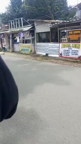 The video shows a street in a residential area, likely in Southeast Asia, captured from a moving vehicle or handheld camera. The road is paved and gray. Along the street are various buildings, including small shops and larger houses. One shop is identified by a sign as "Warung Nasi Ani." Some of the houses are fenced and gated. The overall environment suggests a suburban or semi-rural setting. The camera's movement gives a sense of driving or walking along the road.