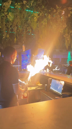 Flaming bar performance at a Lermontovo beach venue