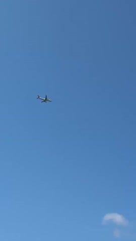 A clear blue sky with a single airplane in flight. A few wispy clouds are visible near the bottom of the frame. The airplane is small and appears to be flying at a high altitude.
