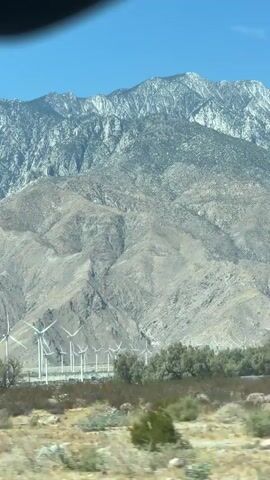 The video displays a landscape with mountains in the background, a cluster of wind turbines in the middle ground, and vegetation in the foreground. The sky is clear and blue. The mountains are rocky and appear to have some snow on their peaks. The wind turbines are white and are arranged in a field. The vegetation consists of shrubs and trees. The video seems to be filmed from a moving vehicle, as indicated by the slight blur of the foreground vegetation.
