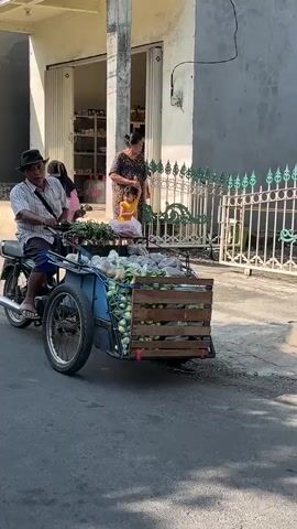 The video begins with a man riding a motorcycle with a sidecar. The sidecar is loaded with produce, including what appear to be cucumbers and other vegetables. The man is wearing a hat and is looking forward as he rides down a street. In the background, a woman and a child are standing near a store. The store appears to be an open-air market or small shop. As the video progresses, a young girl on a bicycle rides into the frame, followed by a red scooter. The girl is wearing a headscarf and a pink outfit. She appears to be riding the bicycle as part of the scene. The video ends with a shot of the girl on the bicycle and the scooter in the foreground, with the woman and child still visible in the background. The overall scene depicts a street in what appears to be a Southeast Asian country, possibly Indonesia, given the presence of scooters and the architecture of the buildings. The atmosphere is casual and bustling, with everyday life unfolding on the street.