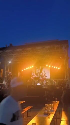 Live band, pink food truck, and evening crowd at outdoor festival