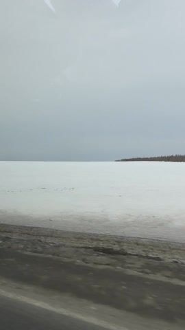 The video shows a landscape with a flat, snow-covered expanse under a gray sky. In the foreground, there are bare trees and shrubs along the roadside. The camera appears to be moving, possibly from a vehicle. A distant treeline is visible on the horizon. The ground near the road appears to be a mix of dirt and possibly some icy patches. The overall scene is stark and wintry.