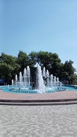 The video displays a fountain in an outdoor setting with a clear blue sky above. The fountain is a prominent feature, with multiple jets of water spraying upwards, creating a dynamic visual. Surrounding the fountain is a blue pool of water, and the fountain area is bordered by a reddish-brown circular path or ledge. Beyond the fountain, a line of lush green trees forms a backdrop, suggesting a park or natural environment. The foreground shows a patterned walkway constructed with gray and lighter gray paving stones. No people are clearly visible in the video.